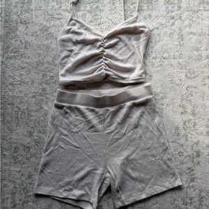 Fashion Nova Cream Ribbed Pajama Set